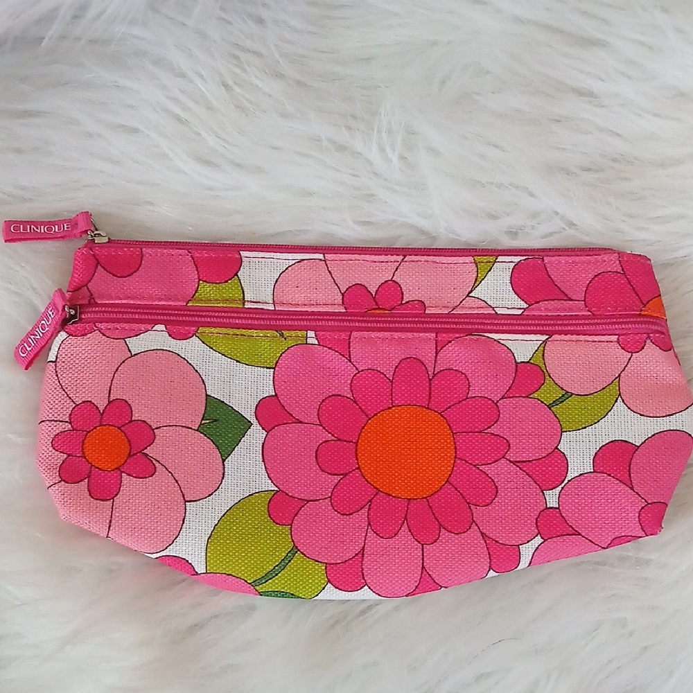 Clinique Floral Makeup Bag with Pink and Orange Flowers